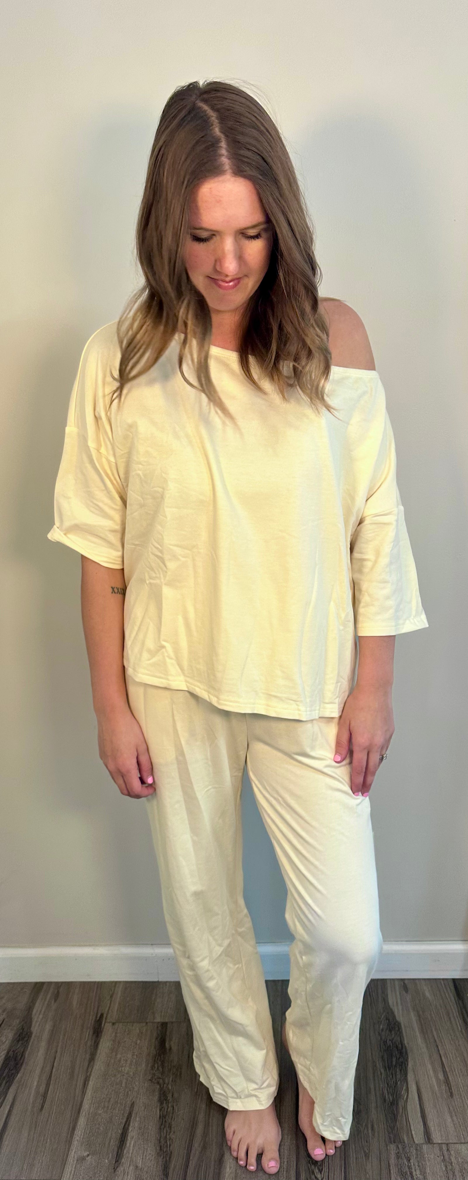 Butter Yellow Off-Shoulder Relaxed Pants Set