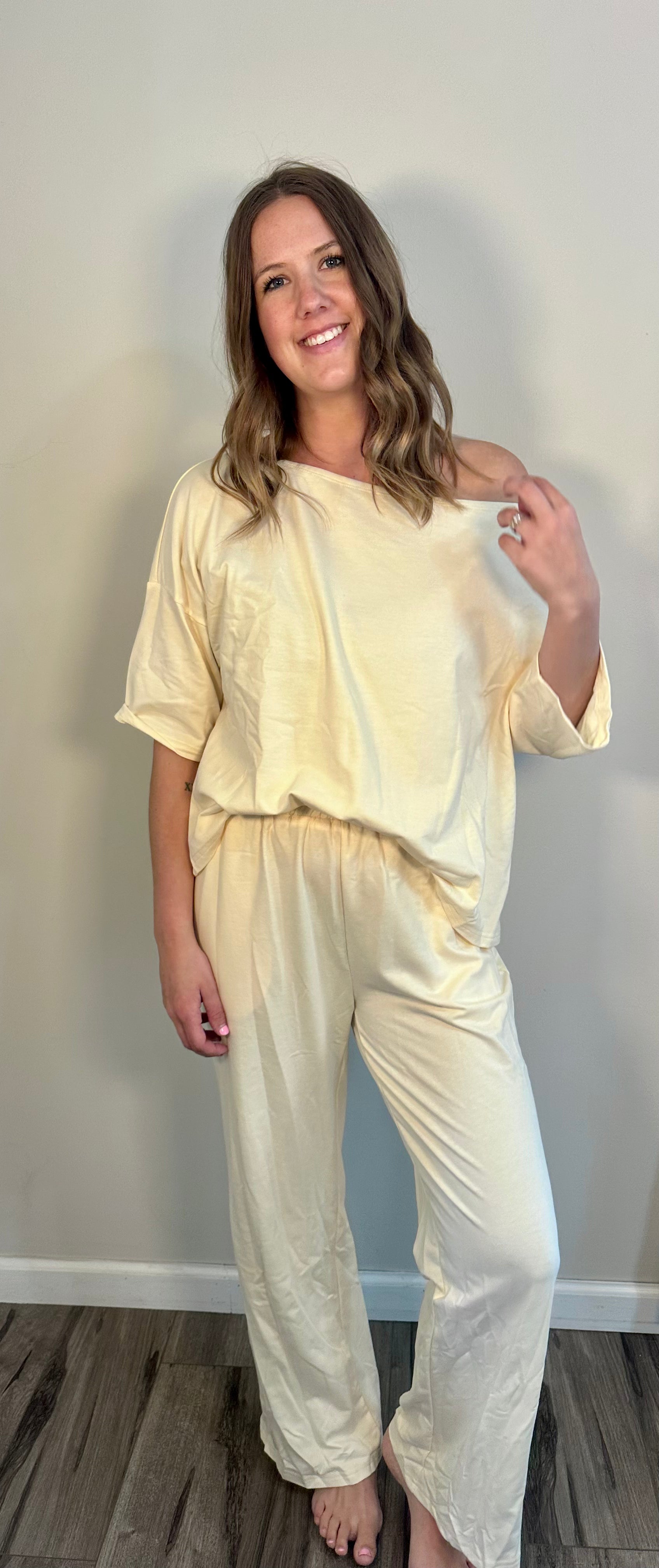 Butter Yellow Off-Shoulder Relaxed Pants Set