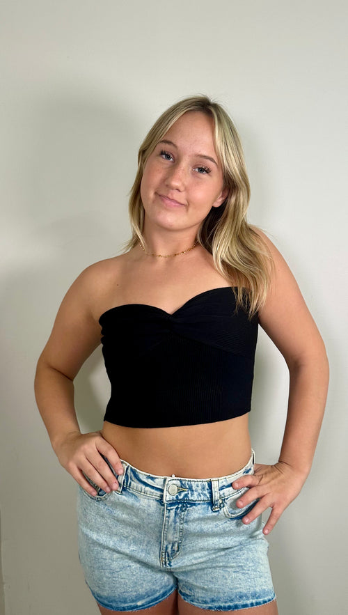 Black Knot Knit Strapless Top