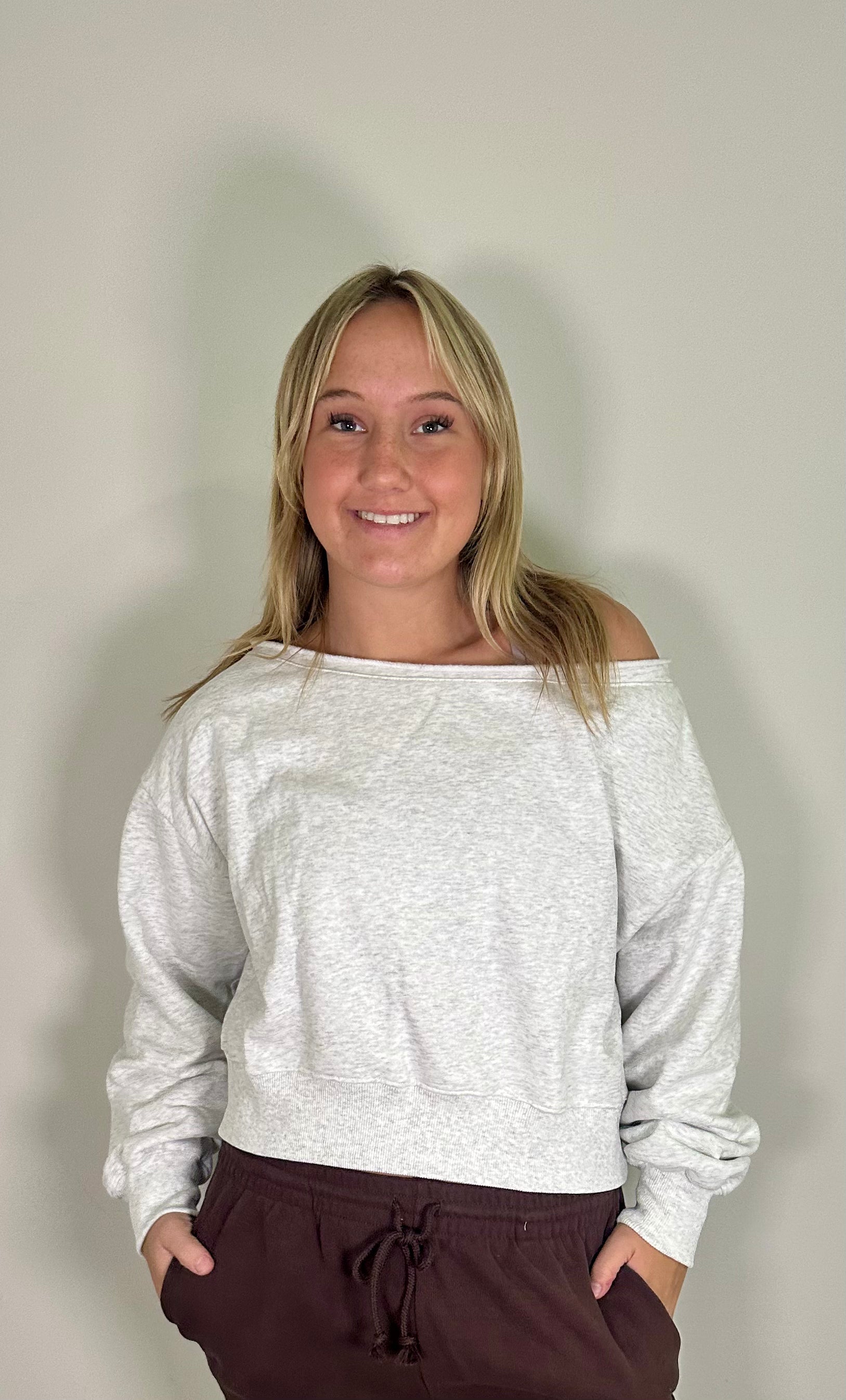 Grey Off-Shoulder Cropped Sweatshirt