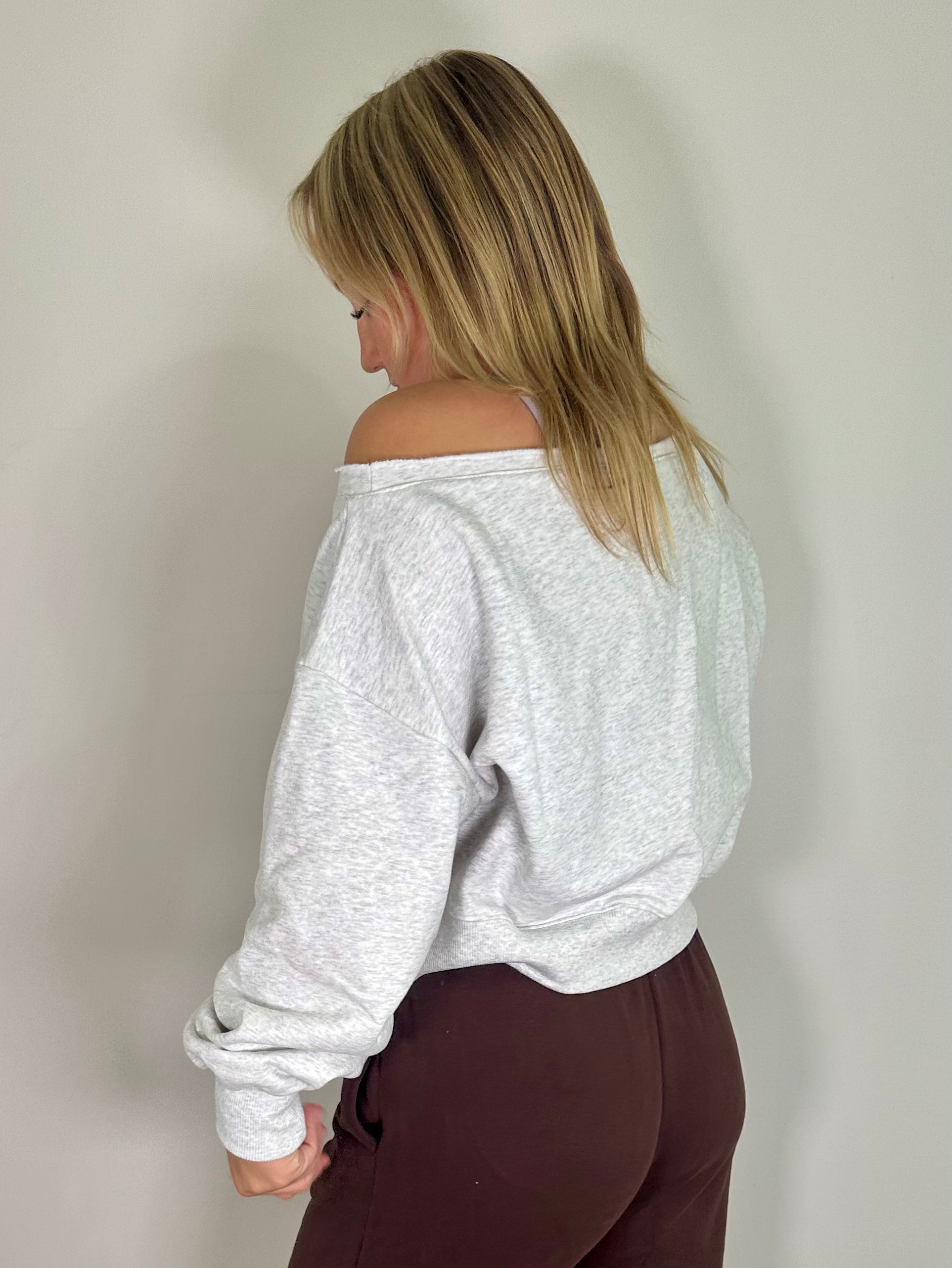 Grey Off-Shoulder Cropped Sweatshirt