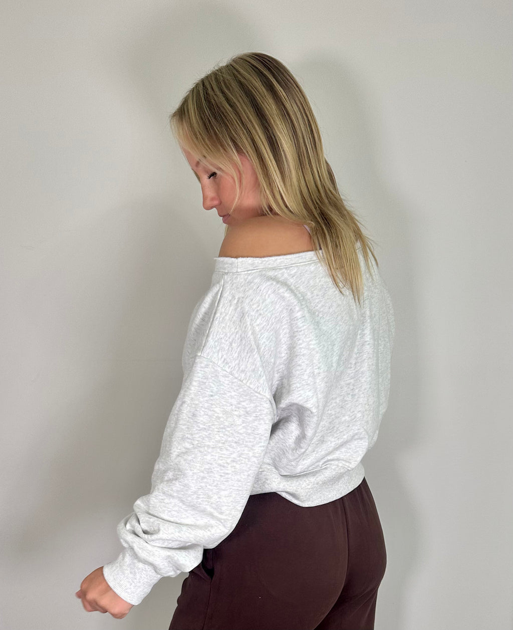 Grey Off-Shoulder Cropped Sweatshirt