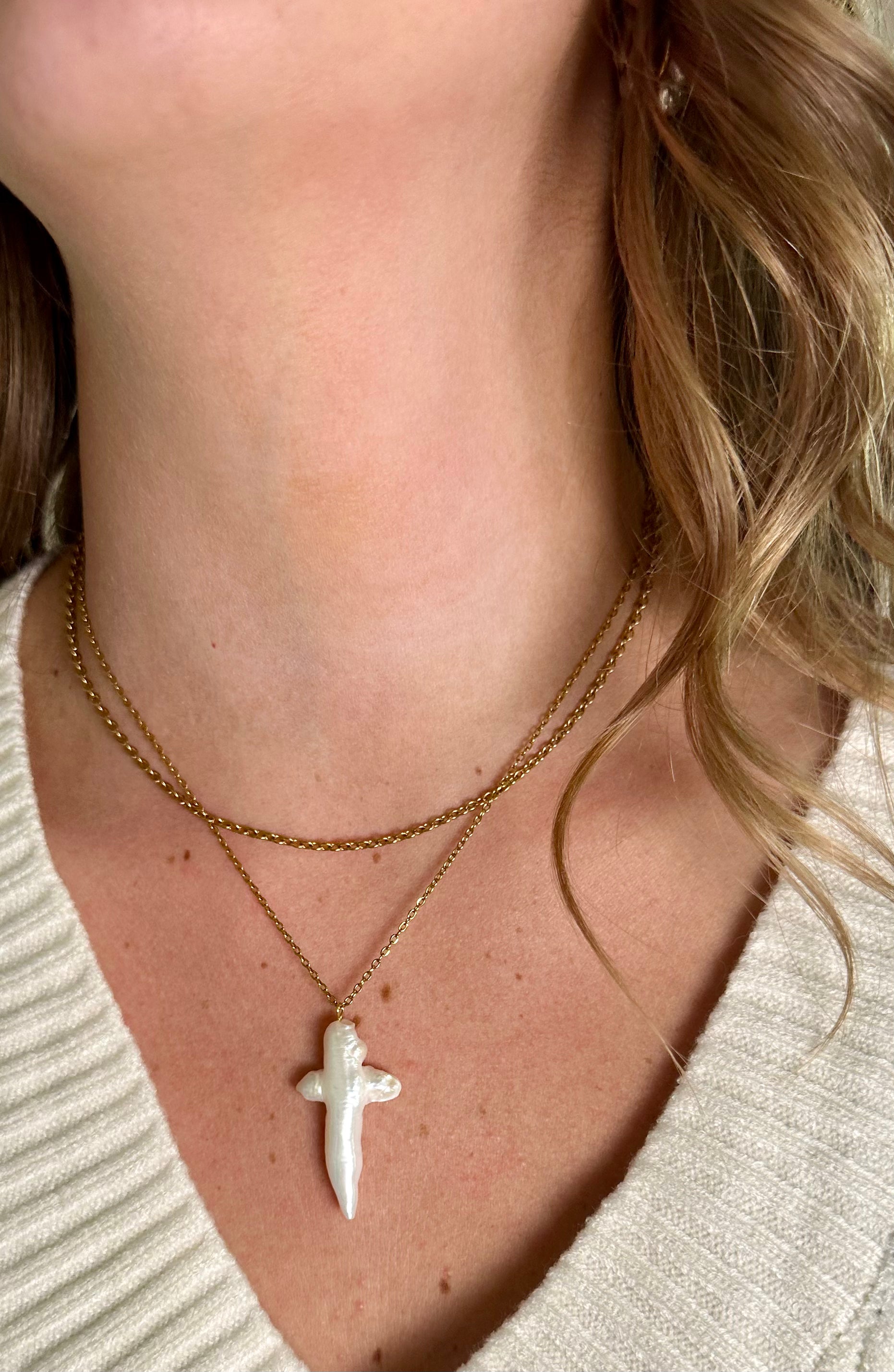 Gold Pearl Cross Necklace