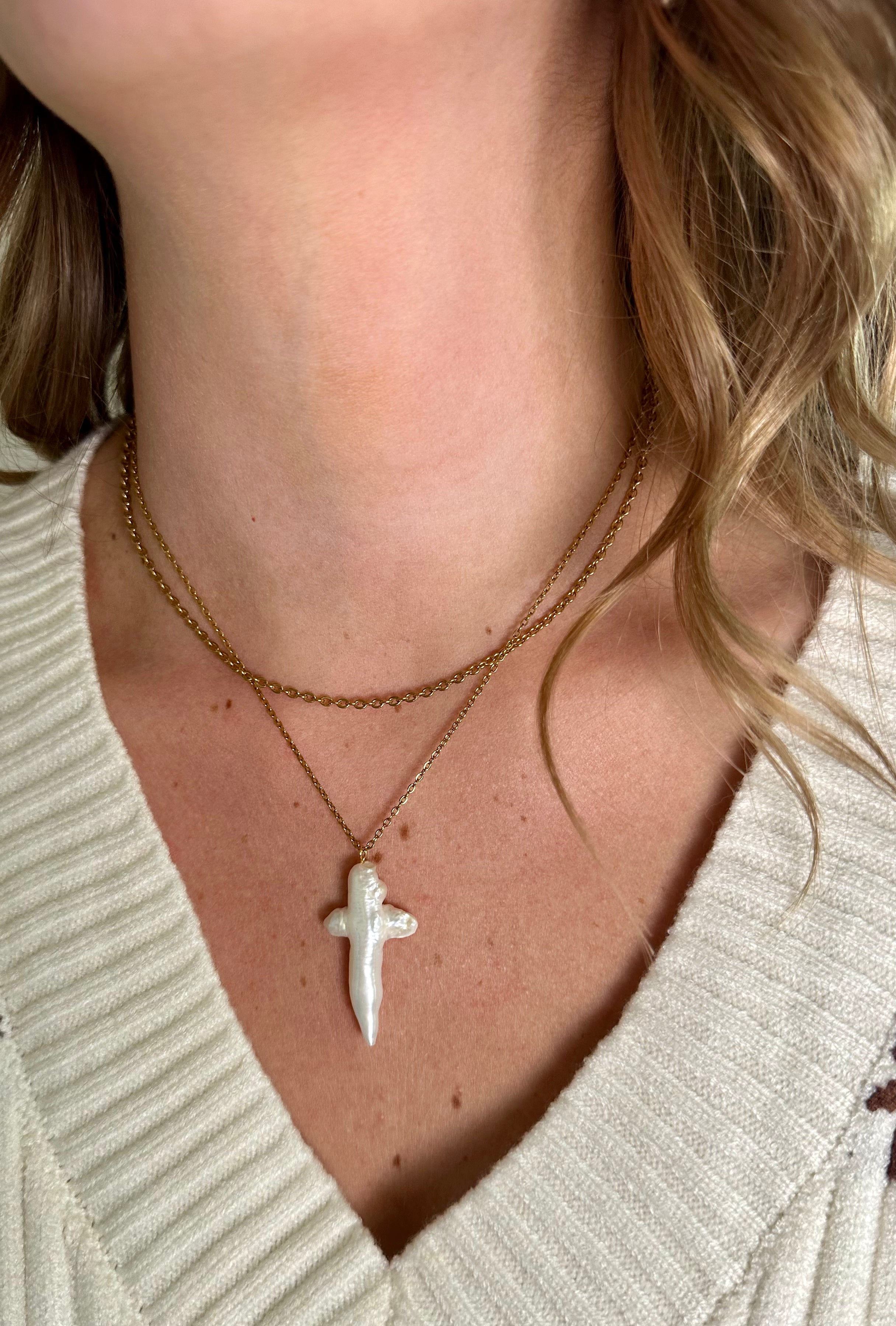 Gold Pearl Cross Necklace