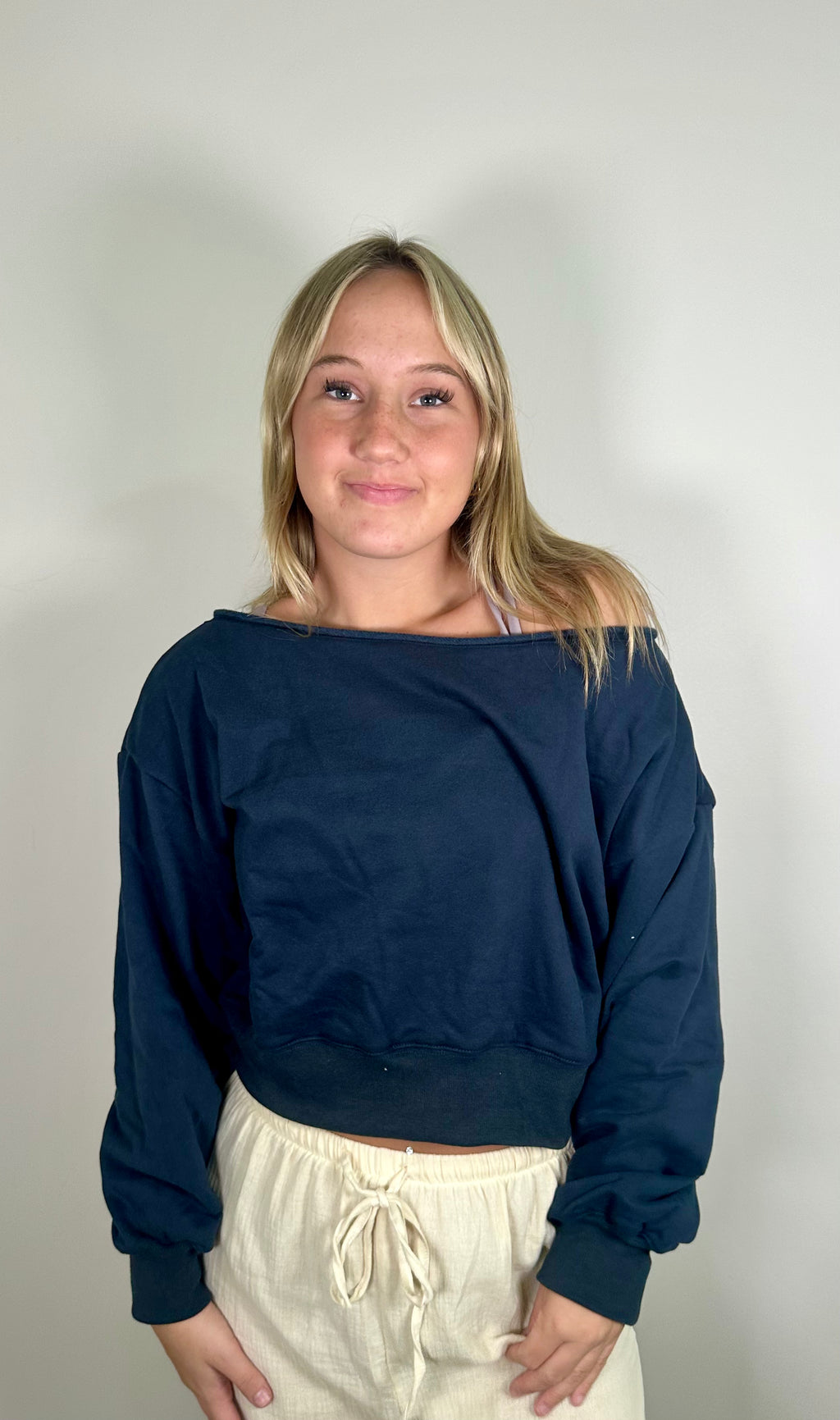 Navy Off-Shoulder Cropped Sweatshirt