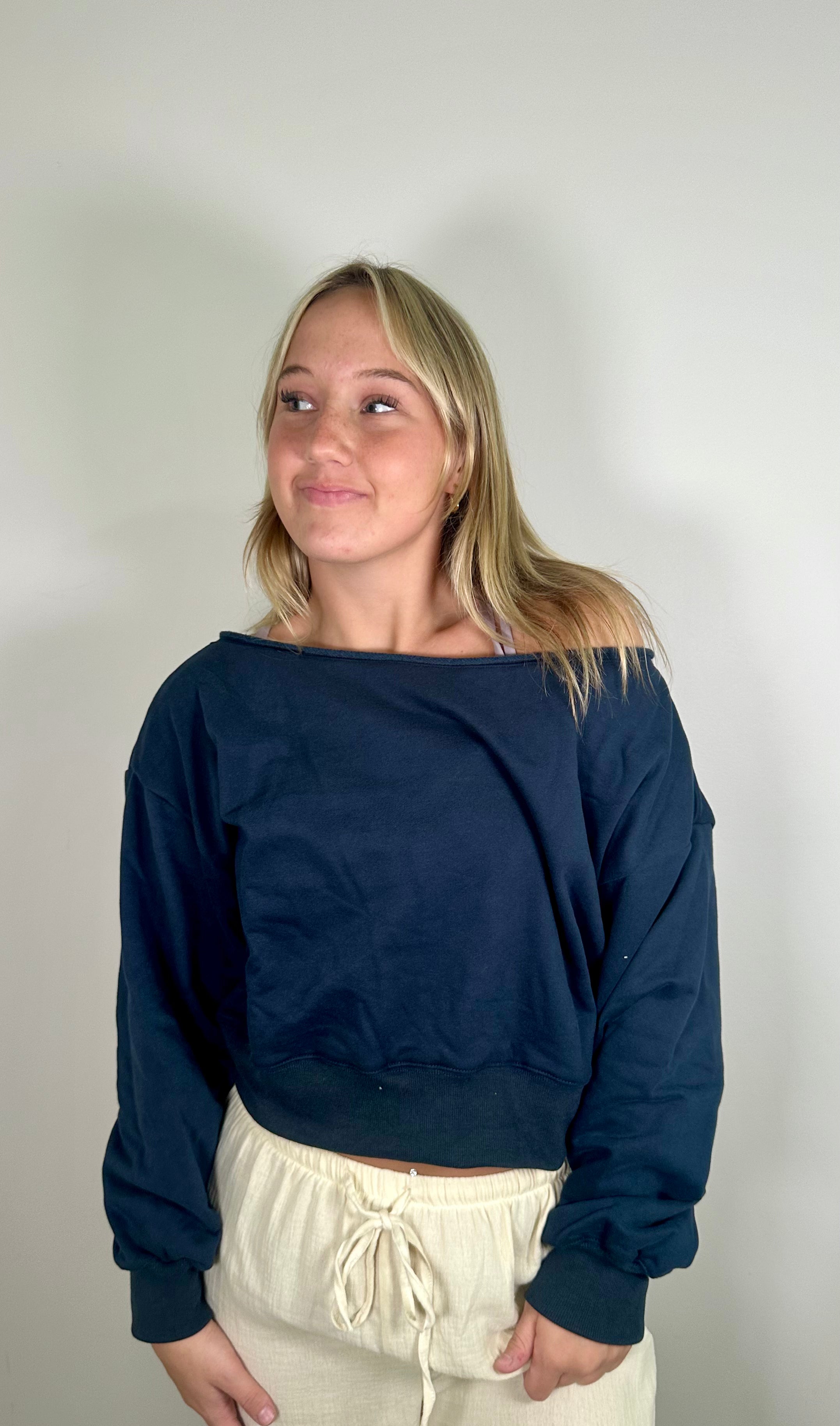 Navy Off-Shoulder Cropped Sweatshirt