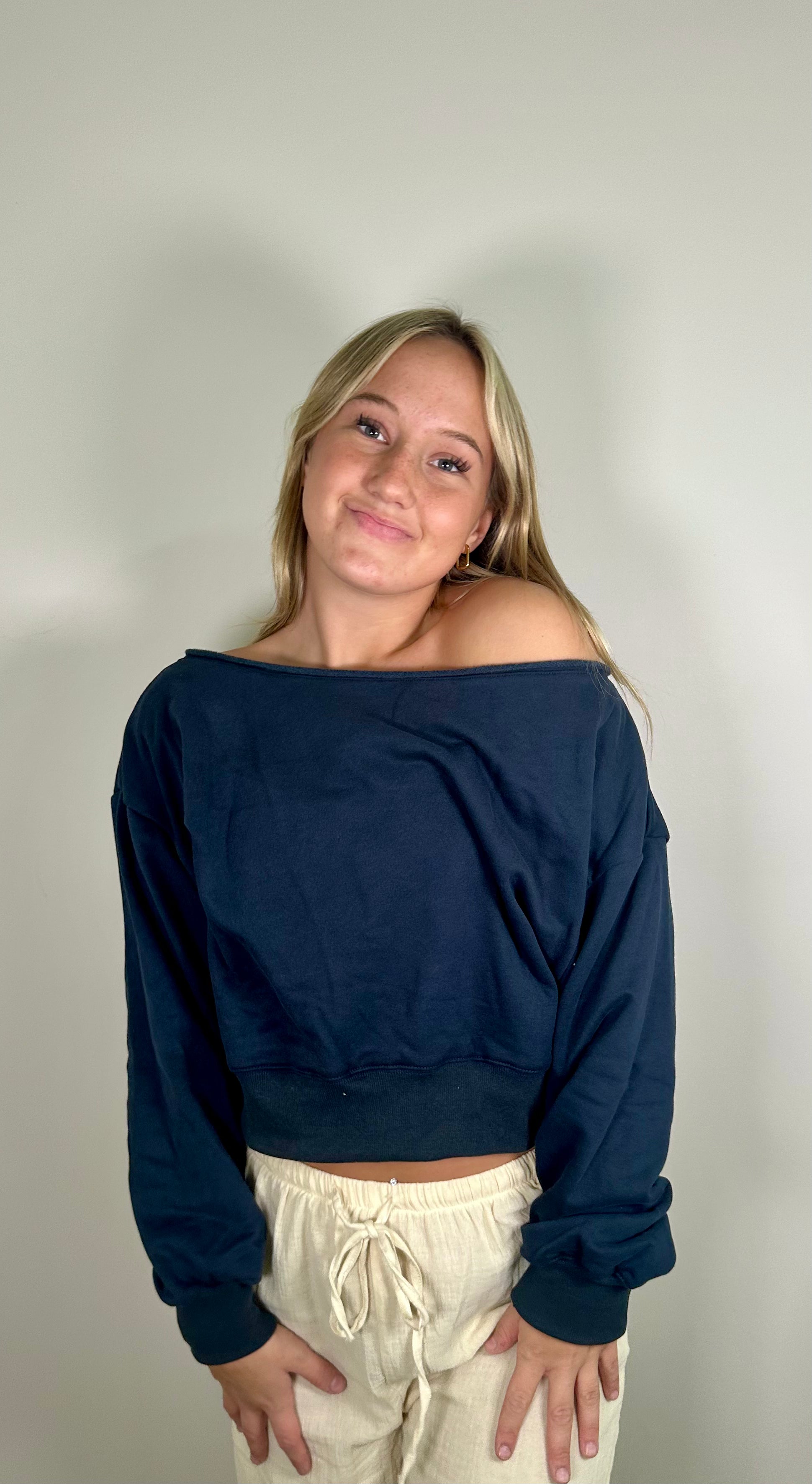 Navy Off-Shoulder Cropped Sweatshirt