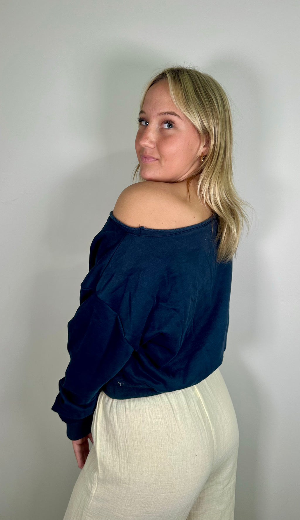 Navy Off-Shoulder Cropped Sweatshirt