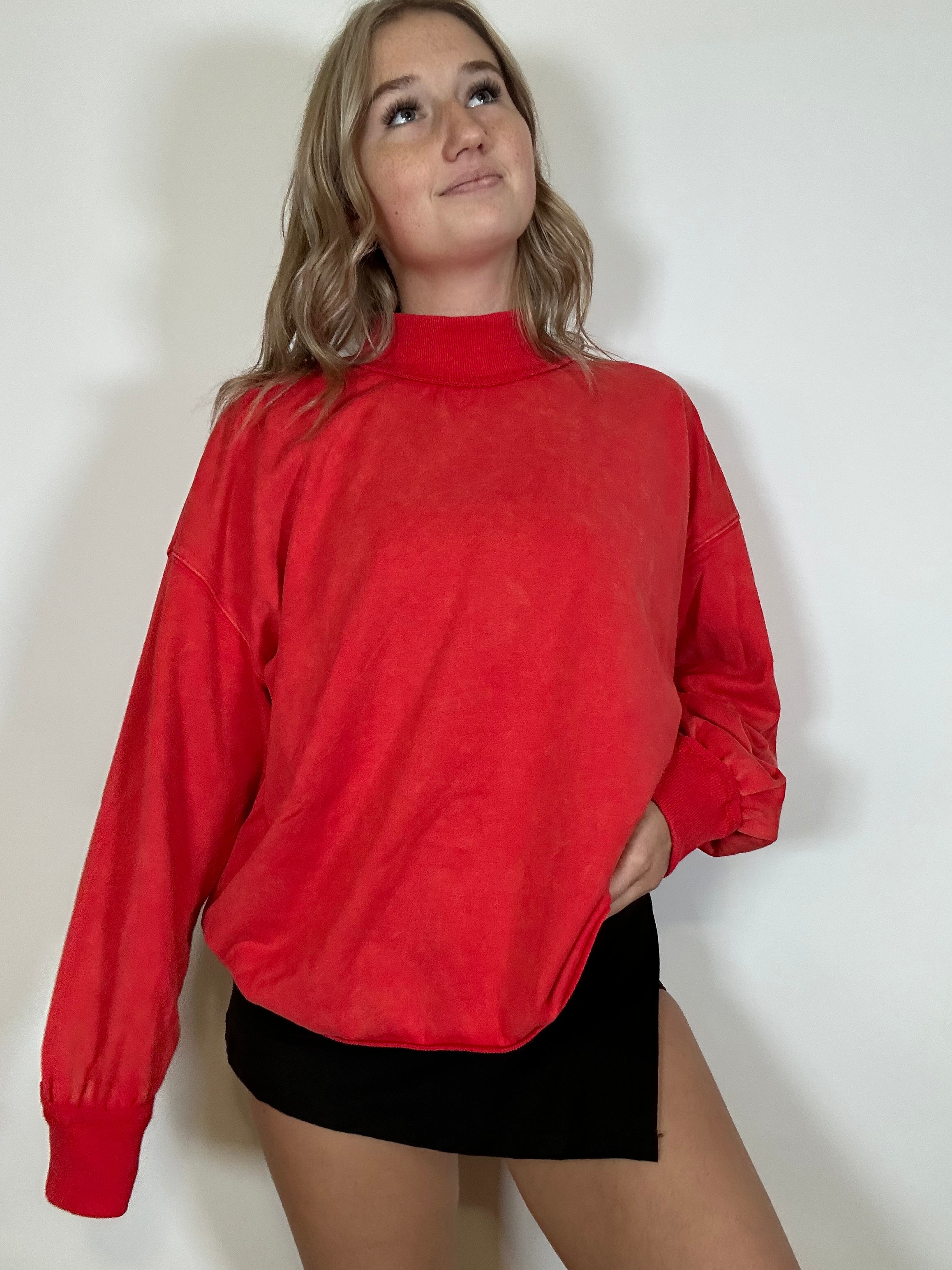 Red Oversized Mock Neck Sweatshirt